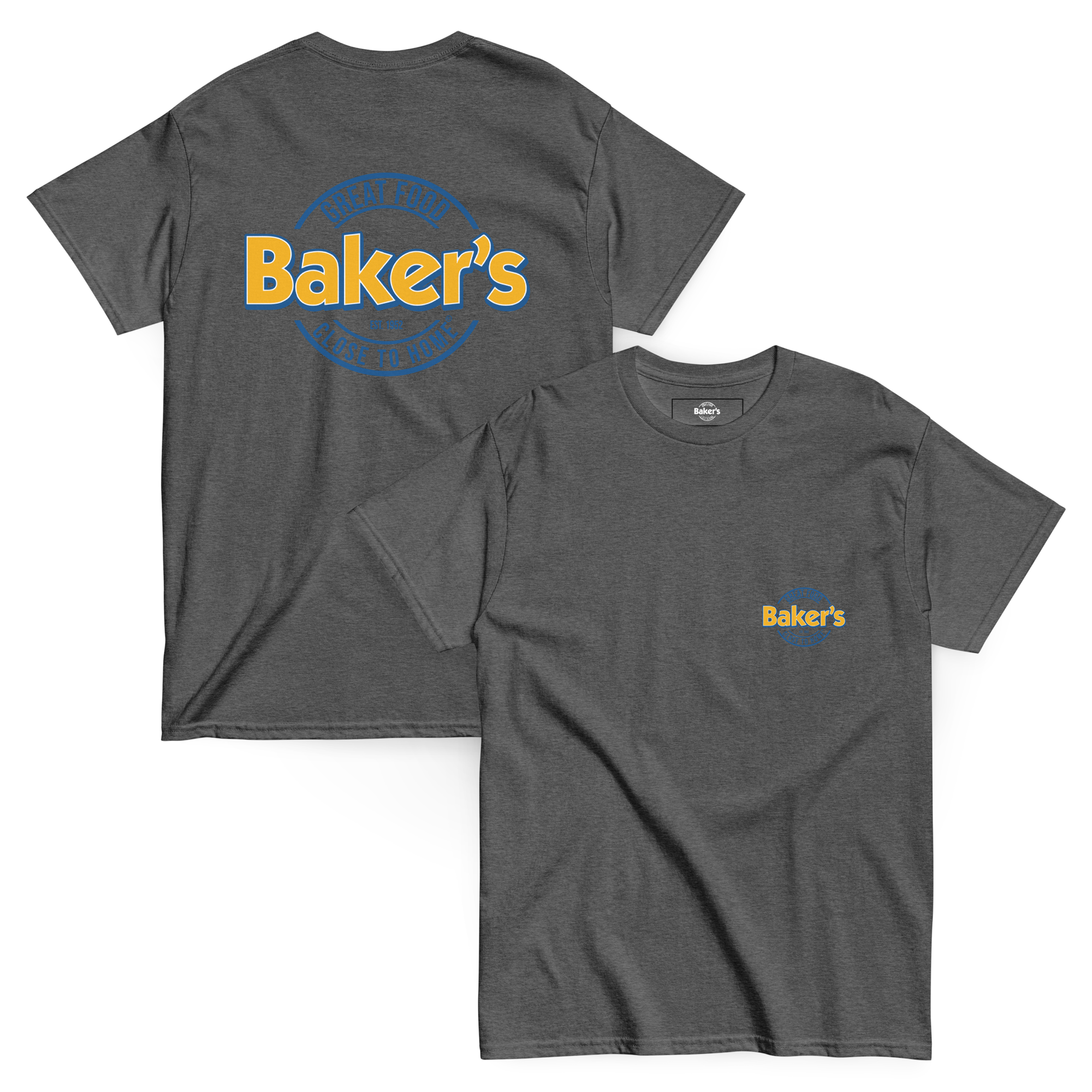 Heather t-shirt with 'Baker's' logo on front and back
